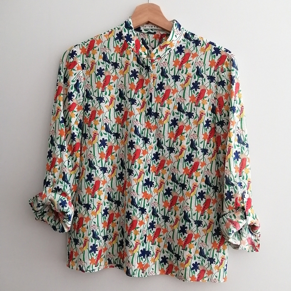 Alice + Olivia Bird and Floral Print Colourful Silk Button Blouse Small - Picture 6 of 16